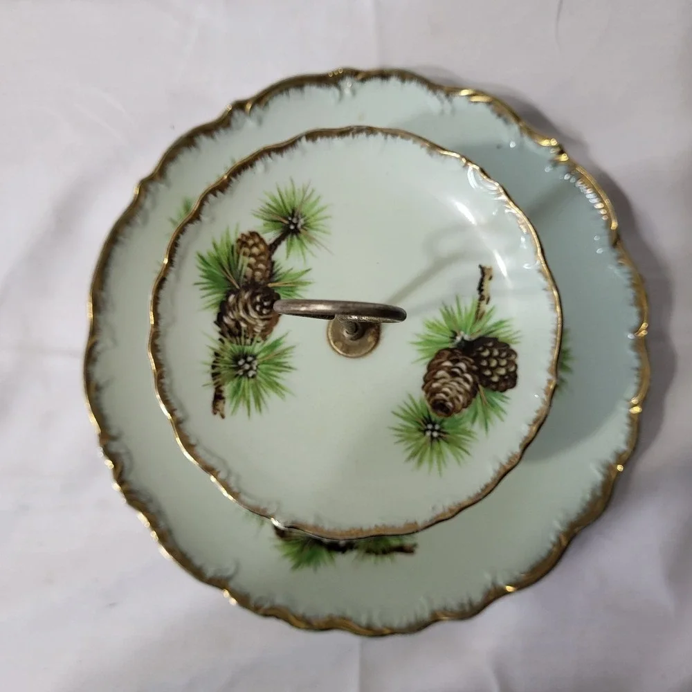 Vintage 2-tier Display Plate Stand Green Gold Edge and Pine Cone Pattern Japan